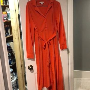 Topshop long sleeve orange asymmetrical hem dress